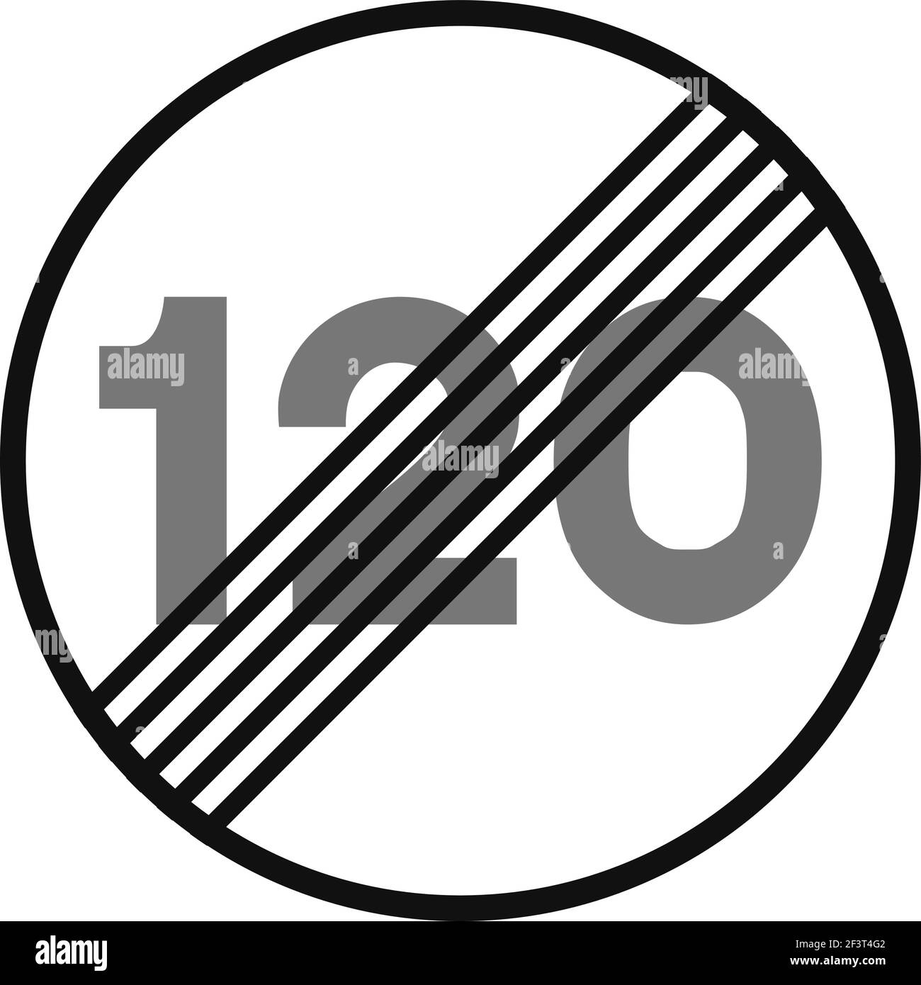 Gerundetes Verkehrssignal in schwarz-weiß, isoliert auf weißem Hintergrund. Ende der Geschwindigkeitsbegrenzung auf einhundertzwanzig Stock Vektor