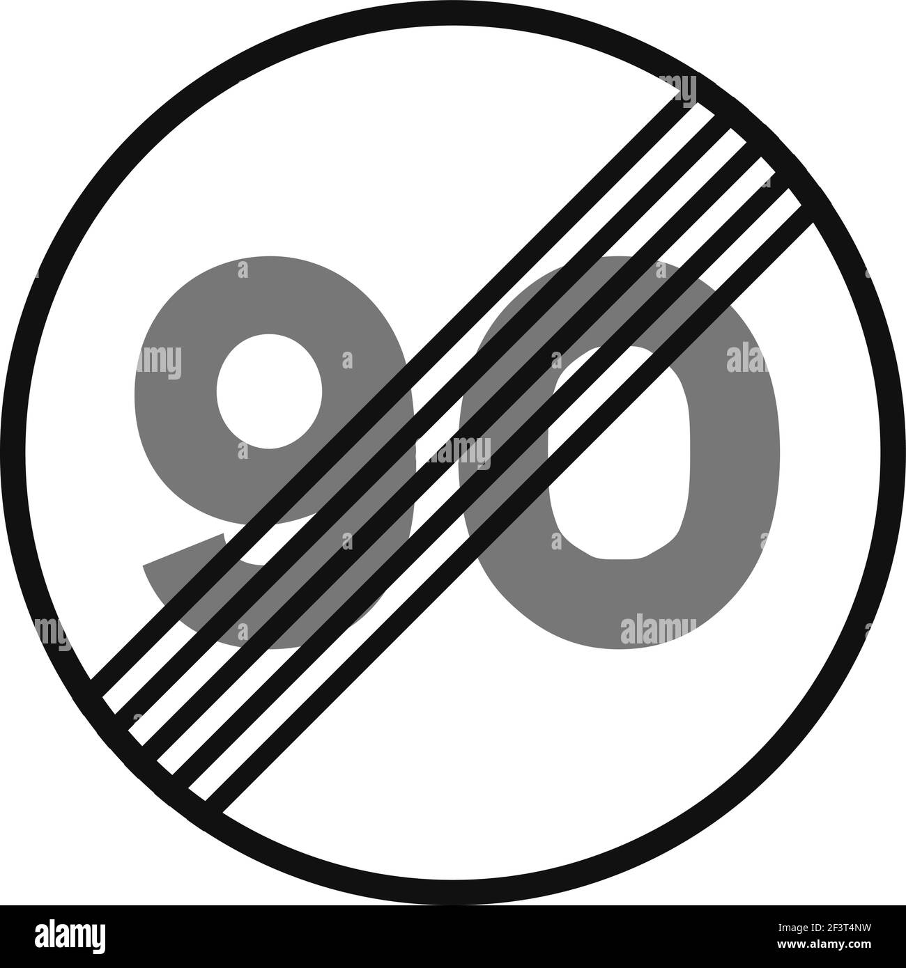 Gerundetes Verkehrssignal in schwarz-weiß, isoliert auf weißem Hintergrund. Ende der Geschwindigkeitsbegrenzung auf neunzig Stock Vektor