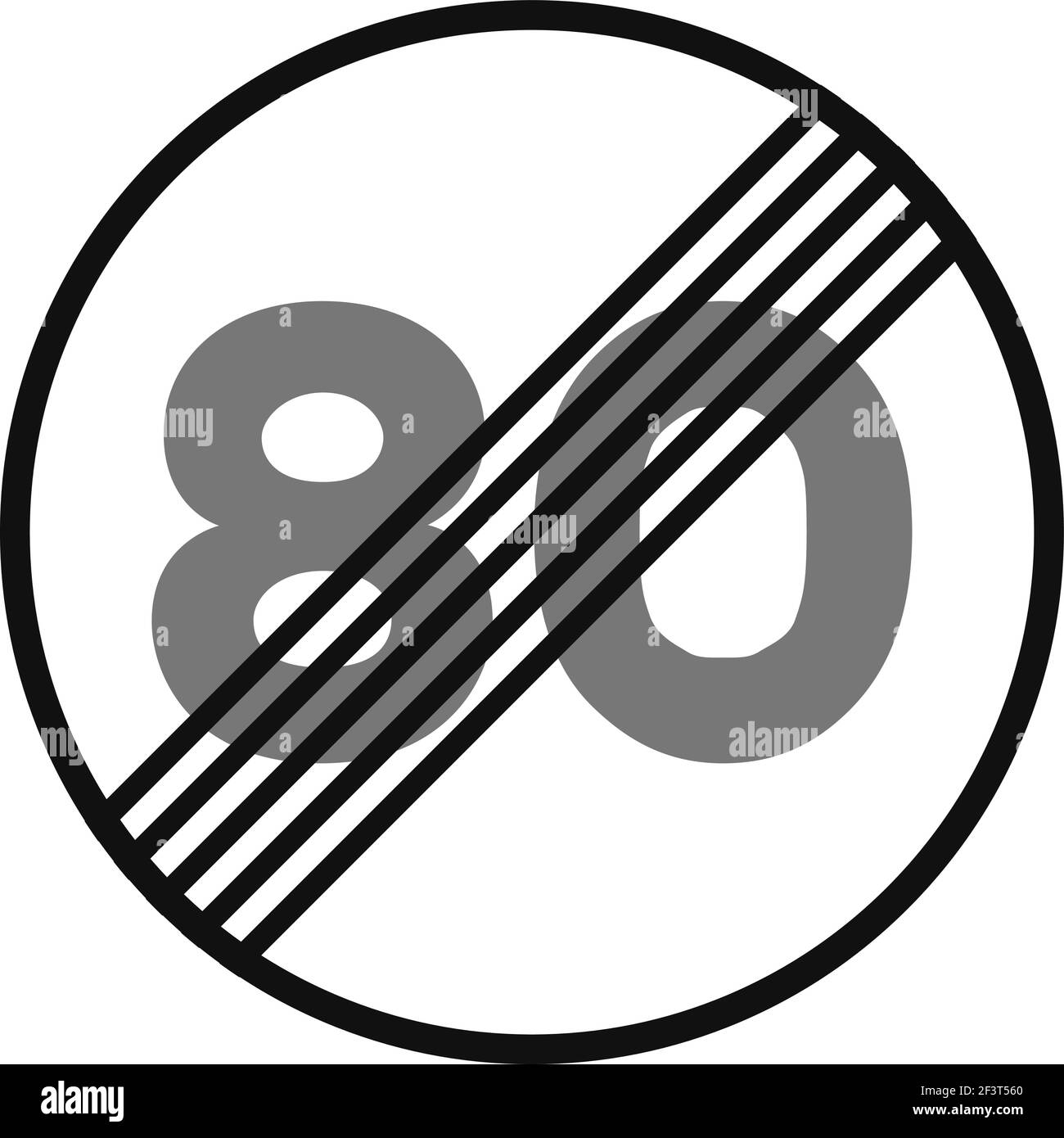 Gerundetes Verkehrssignal in schwarz-weiß, isoliert auf weißem Hintergrund. Ende der Geschwindigkeitsbegrenzung auf achtzig Stock Vektor