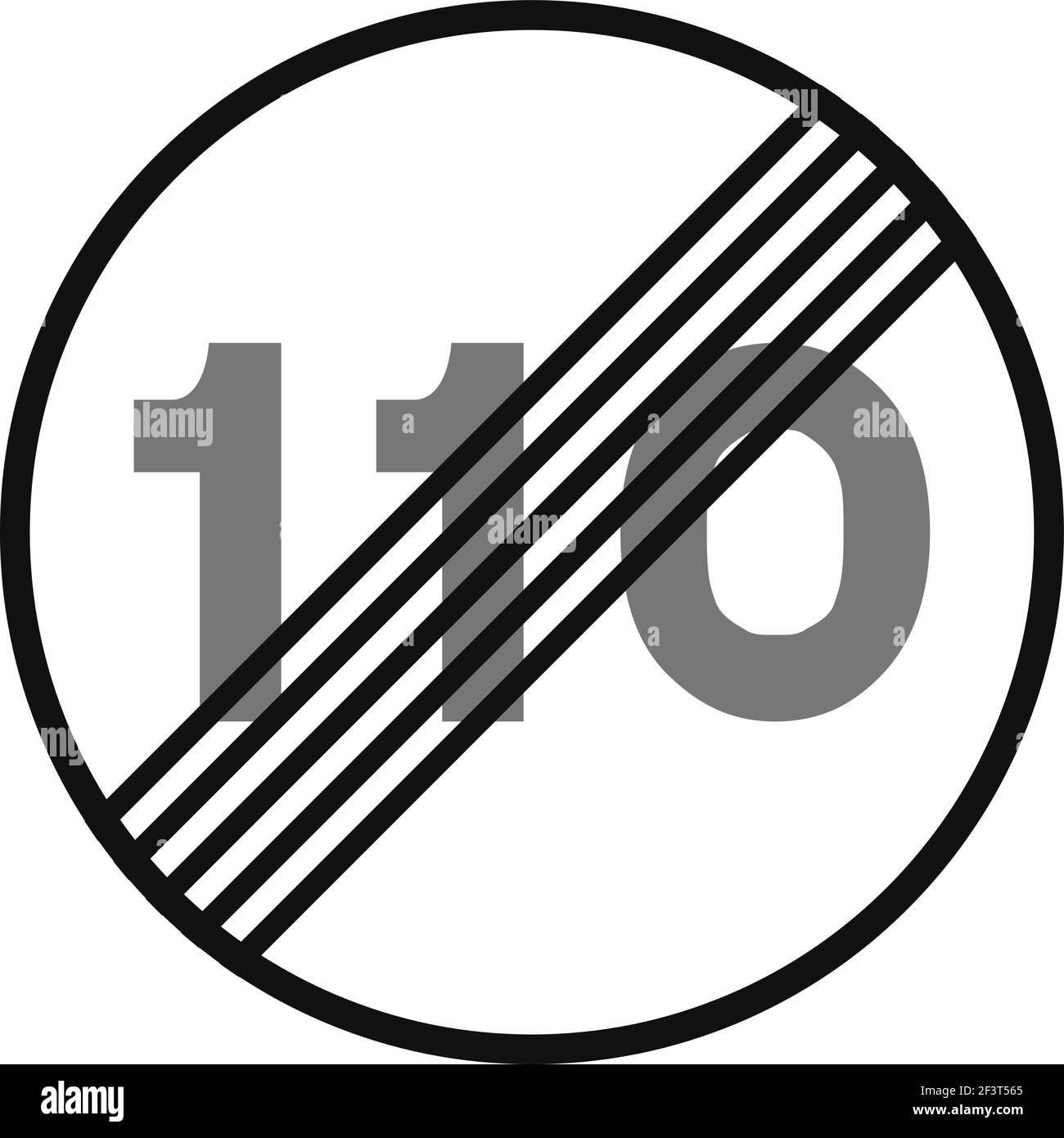 Gerundetes Verkehrssignal in schwarz-weiß, isoliert auf weißem Hintergrund. Ende der Geschwindigkeitsbegrenzung auf Hundert und zehn Stock Vektor