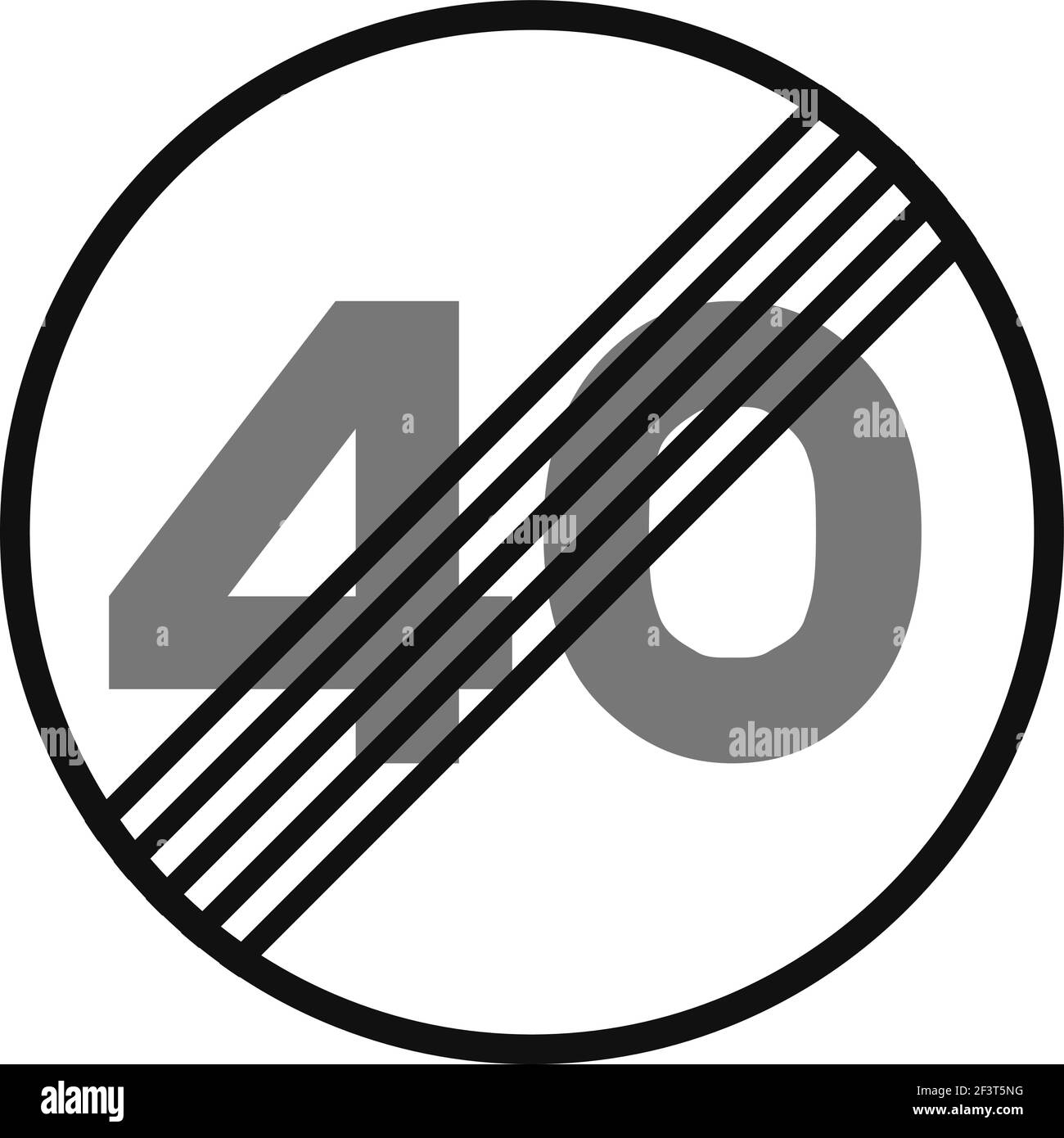 Gerundetes Verkehrssignal in schwarz-weiß, isoliert auf weißem Hintergrund. Ende der Geschwindigkeitsbegrenzung auf vierzig Stock Vektor