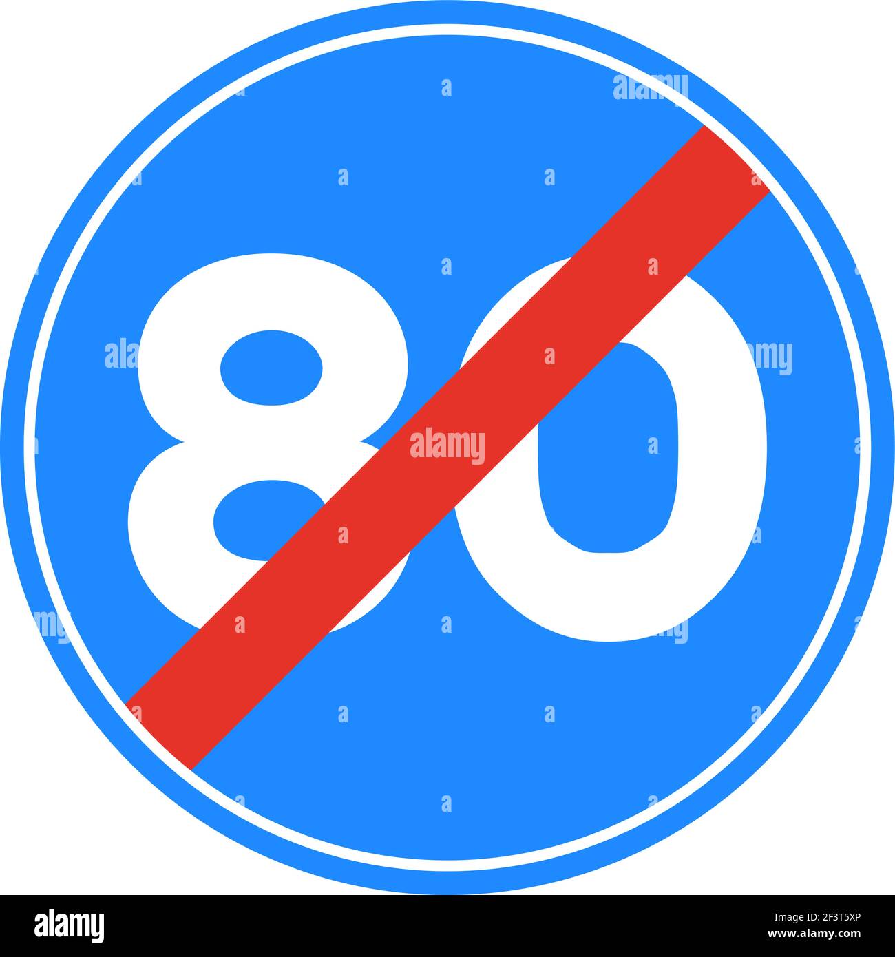 Gerundetes Verkehrssignal in blau, rot und weiß, isoliert auf weißem Hintergrund. Ende der Mindestgeschwindigkeit von achtzig Stock Vektor