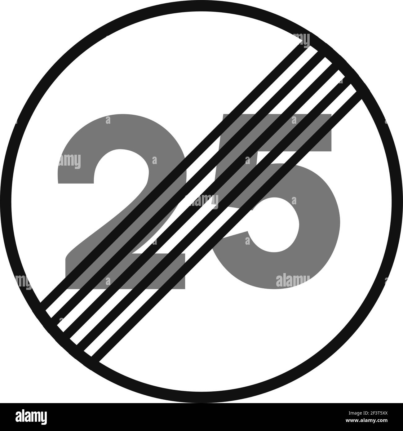 Gerundetes Verkehrssignal in schwarz-weiß, isoliert auf weißem Hintergrund. Ende der Geschwindigkeitsbegrenzung auf 25 Stock Vektor