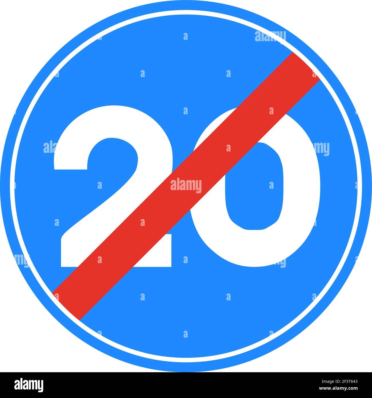 Gerundetes Verkehrssignal in blau, rot und weiß, isoliert auf weißem Hintergrund. Ende der Mindestgeschwindigkeit von zwanzig Stock Vektor