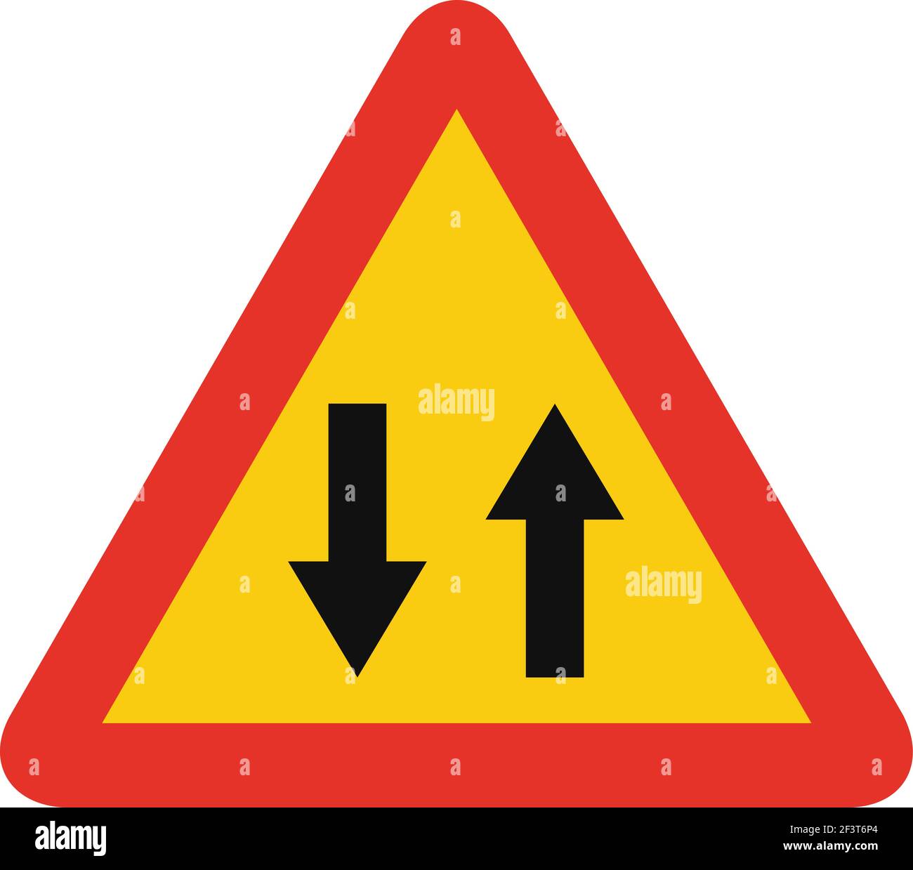 Dreieckiges Verkehrssignal in gelb und rot, isoliert auf weißem Hintergrund. Vorübergehende Warnung vor zwei-Wege-Verkehr geradeaus Stock Vektor