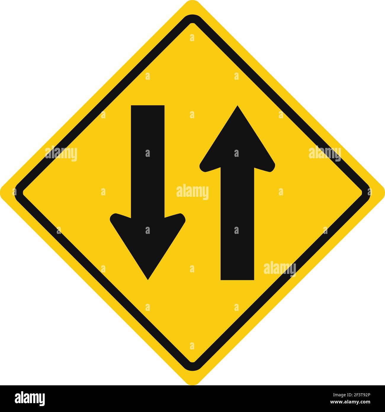 Rhomboide Verkehrssignale in gelb und schwarz, isoliert auf weißem Hintergrund. Warnung vor zwei-Wege-Verkehr geradeaus Stock Vektor