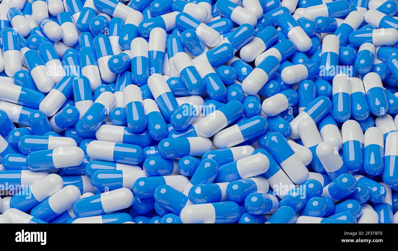 Herstellung von blauen und weißen Kapseln. Geschäftskonzept Pharma und Medizin. 3D Rendern Stockfoto