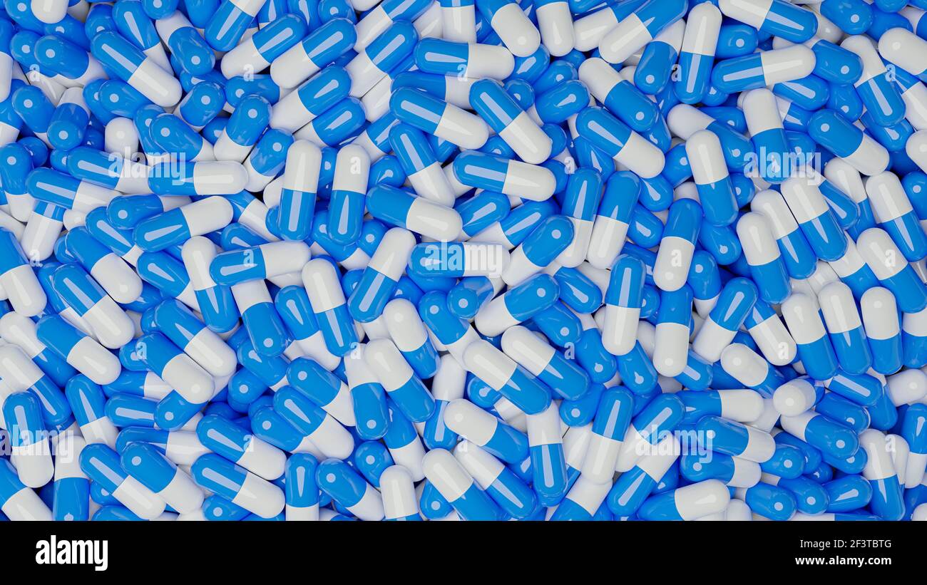 Herstellung von blauen und weißen Kapseln. Geschäftskonzept Pharma und Medizin. 3D Rendern Stockfoto