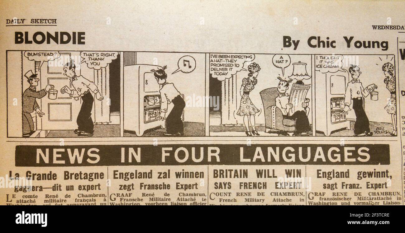 The Blondie (von Chic Young) Cartoon Strip Daily Sketch Zeitung (Replik), 19. Juni 1940 (während der Schlacht von Großbritannien). Stockfoto