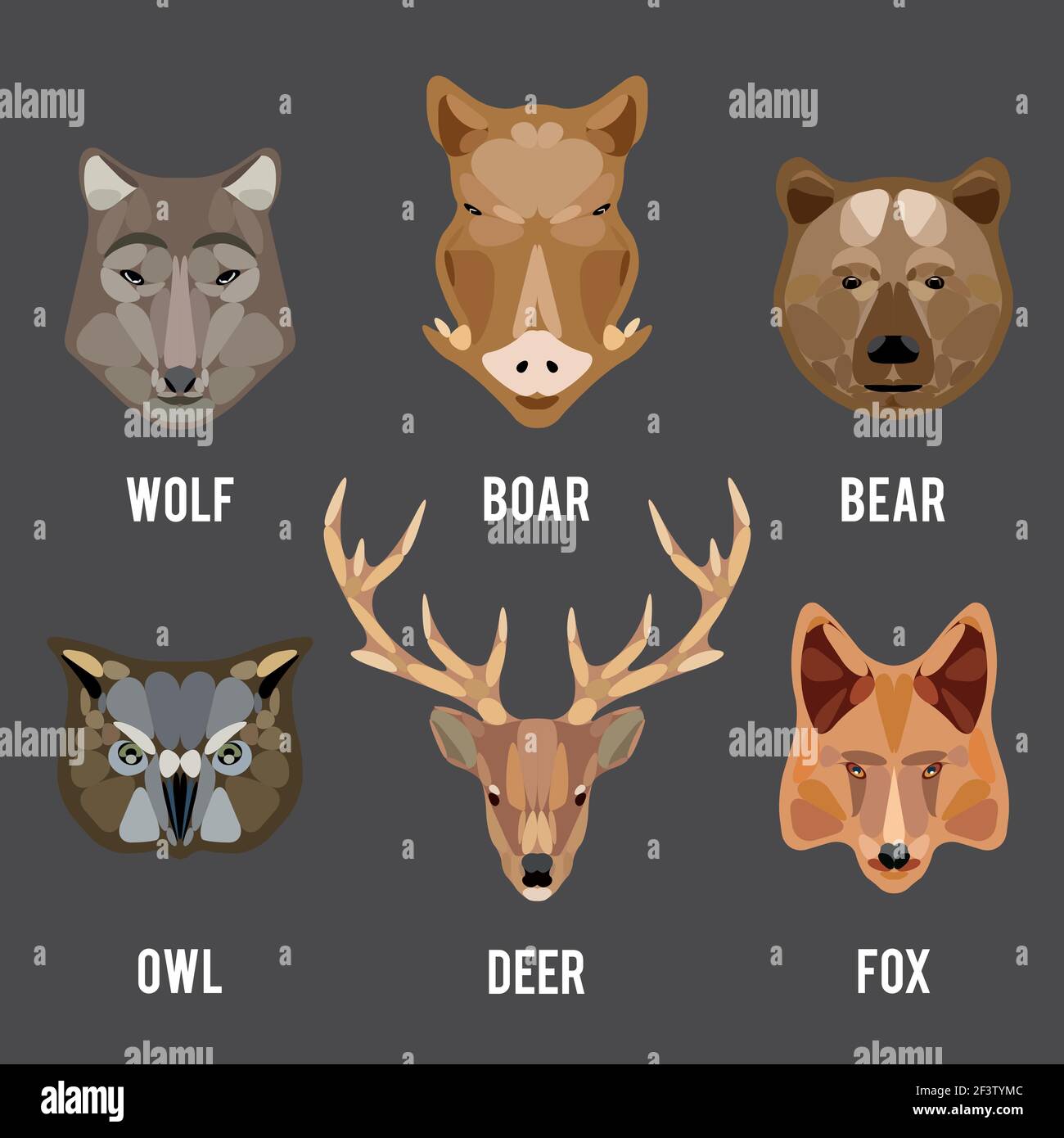 Tiere Köpfe flache Symbole. Tiere Kreis Design Symbole gesetzt. Kopf Tier, Gesicht Tier, Charakter Tier wild, Vektor-Illustration Stock Vektor