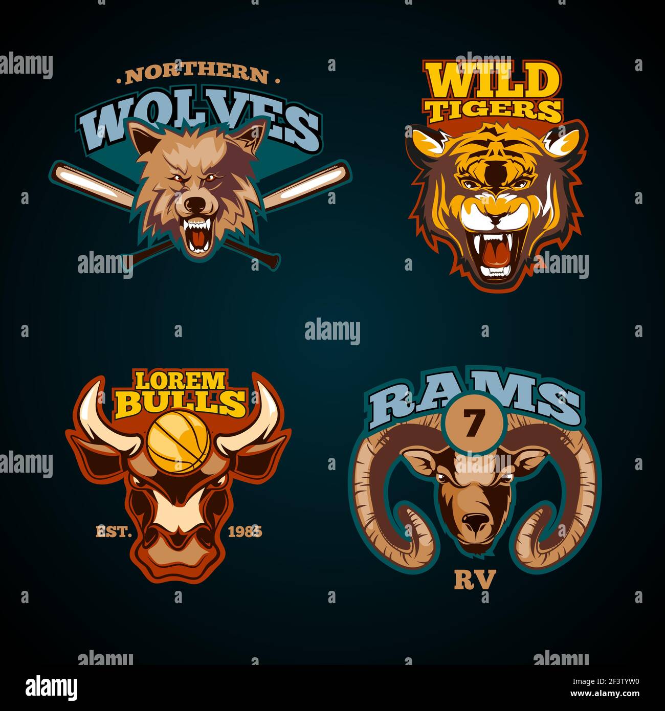 Sport Vektor-Etiketten mit Köpfen von Tieren. Wolf, Bullen, Widder und Tiger Embleme. Head Sport Tier, Tiger und Büffel, Sport Label RAM, Bull Sport Logo Stock Vektor