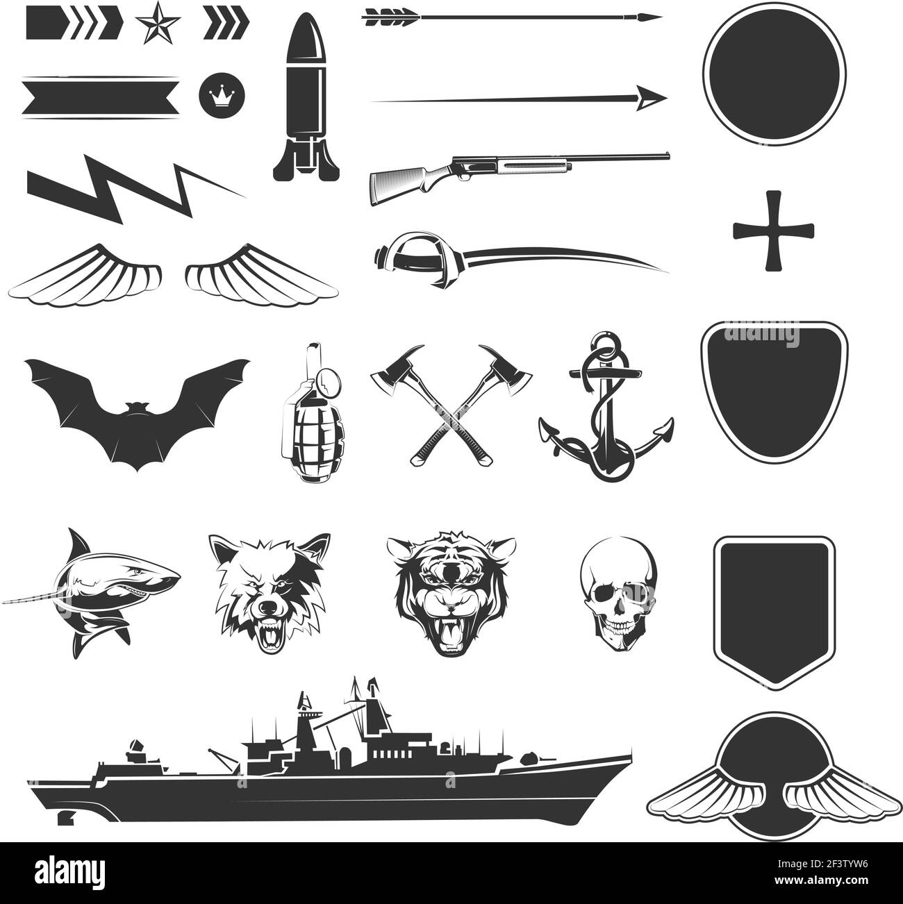 Militärische Vektor-Symbole Mega-Set. Armee Militär, Schild und militärische Waffe, militärische Schiff Zerstörer Illustration Stock Vektor