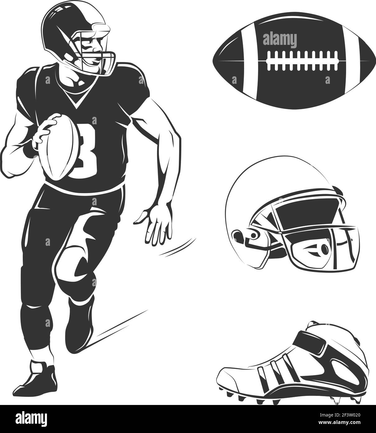 Vektorelemente für amerikanische Fußballlabels, Logos, Abzeichen und Embleme. Fußball american Sport, Wettbewerb Rugby, american Football Equipment illus Stock Vektor