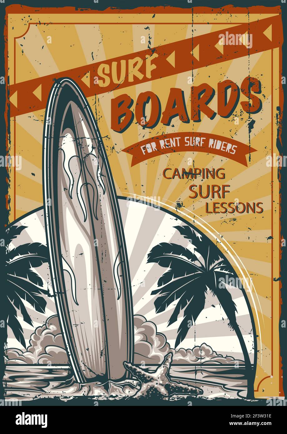 Poster Label Design mit Darstellung des Surfbretts stehen auf Der Strand mit Palmen und Sonnenuntergang im Hintergrund Stock Vektor