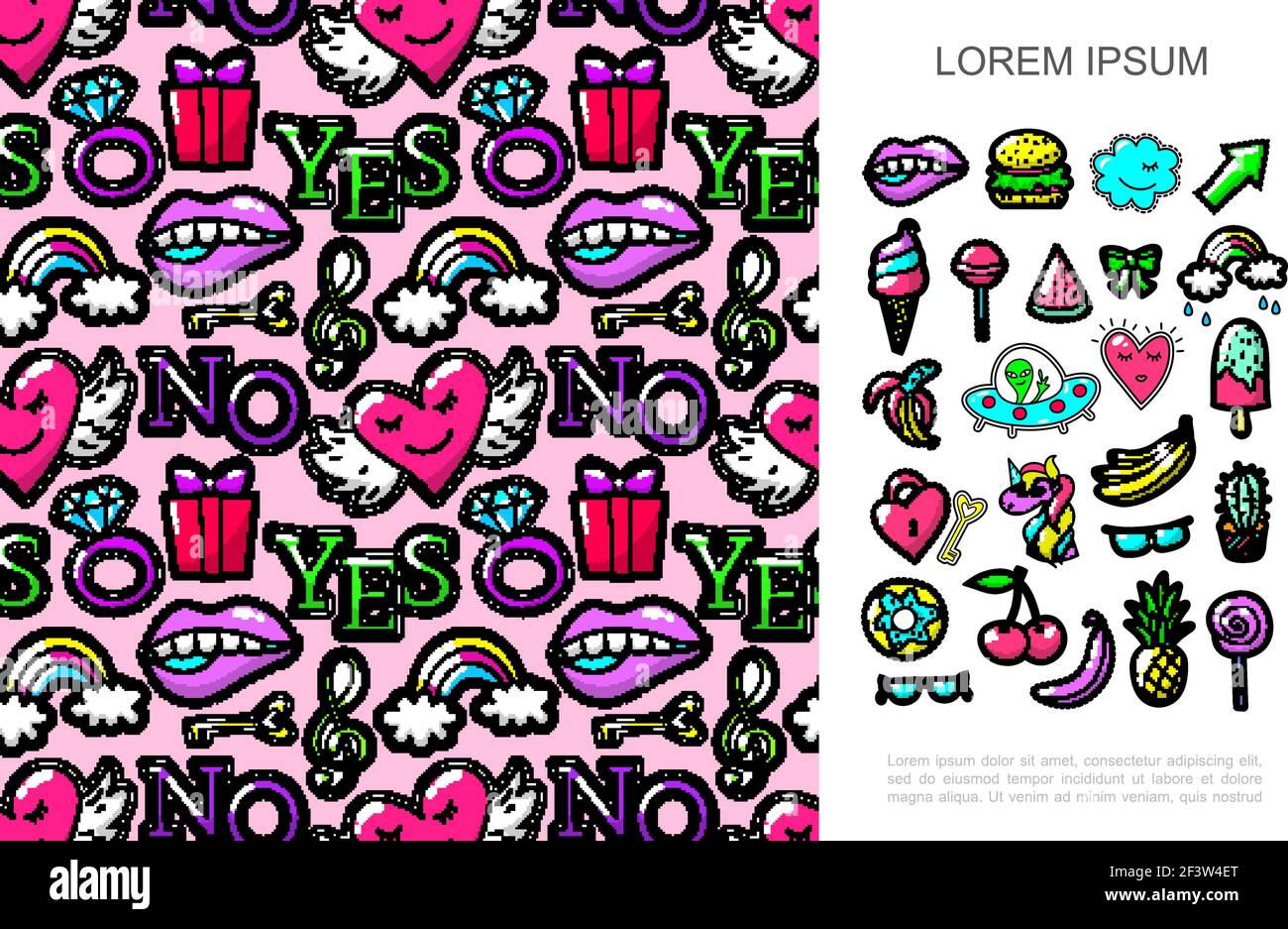 Pop Art Mode Patches Konzept mit hellen Cartoon-Sticker und Nahtlose Muster von bunten Abzeichen Vektor-Illustration Stock Vektor