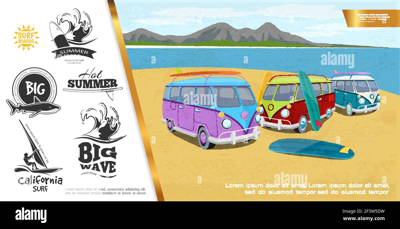 Buntes Surfen Sport Helles Konzept mit Surf Trucks Surfboards auf see und Berge Landschaft große Wellen Hai Windsurfen monochrom Beschriftungen ve Stock Vektor