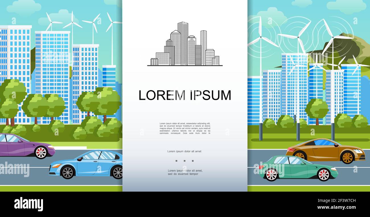 Flaches Eco City Landscape Konzept mit modernen Gebäuden und Wolkenkratzern Grüne Bäume Windturbinen Elektroautos bewegen sich auf Straße Vektor Abbildung Stock Vektor