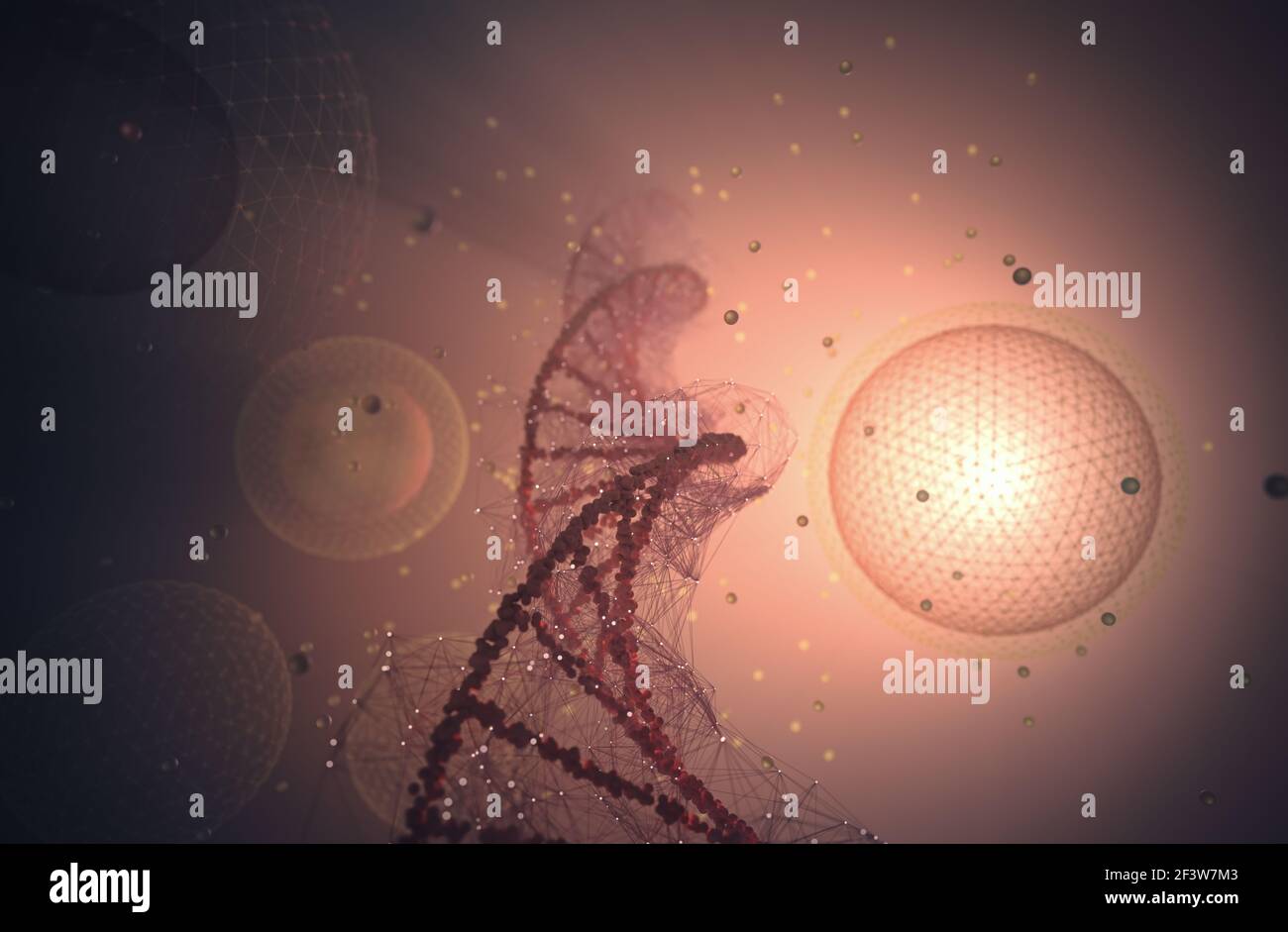 Biotechnologie und molekulare Gentechnik. 3D Illustration von Wissenschaft und molekularer Technologie. Stockfoto