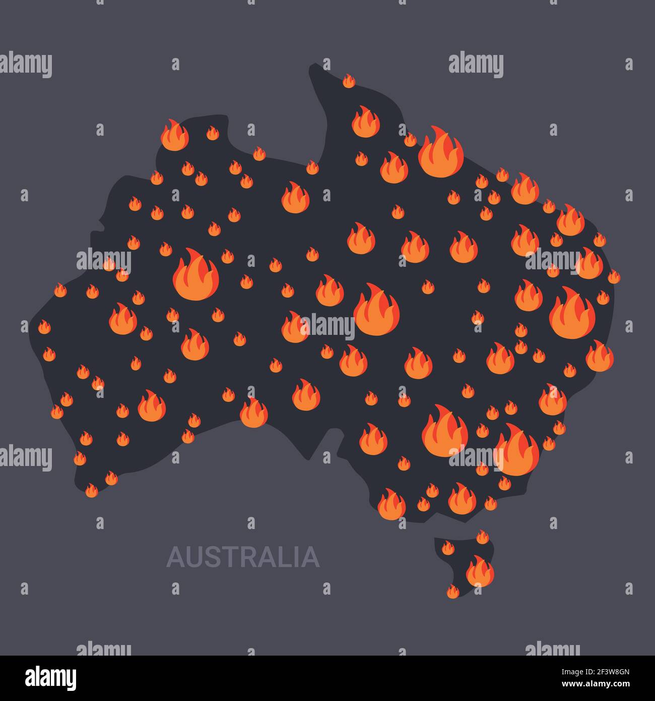 Karte von Australien mit Feuersymbolen Buschbrände Saisonale Waldbrände weltweit Wärmende Naturkatastrophe Konzept orange Flammen Symbole flach Stock Vektor