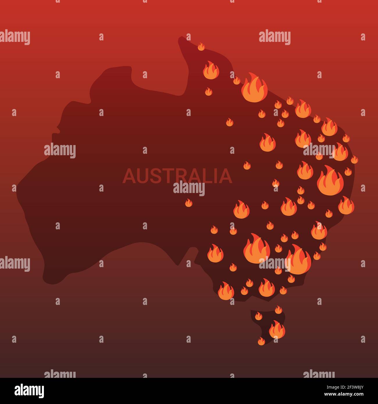 Karte von Australien mit Feuersymbolen Buschbrände Saisonale Waldbrände weltweit Wärmende Naturkatastrophe Konzept orange Flammen Symbole flach Stock Vektor