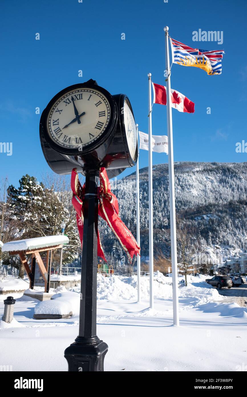 Winteransicht der lokalen Flaggen und Uhr Wahrzeichen, Harrison Hot Springs, British Columbia, Kanada Stockfoto