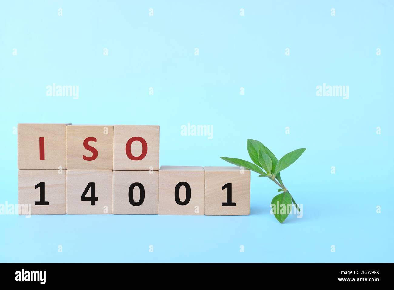 ISO 14001 oder Umweltmanagementsystem auf Holzblöcken auf blauem Hintergrund mit grünem Blatt. Stockfoto