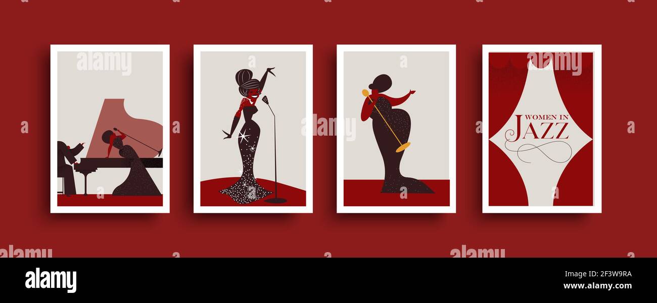 Frauen im Jazz Musik Poster Illustration Set. Schwarze Frau Sänger Charakter Cartoon Retro Mitte des Jahrhunderts Stil. Berühmte musikalische weibliche Ikonen oder größte pe Stock Vektor