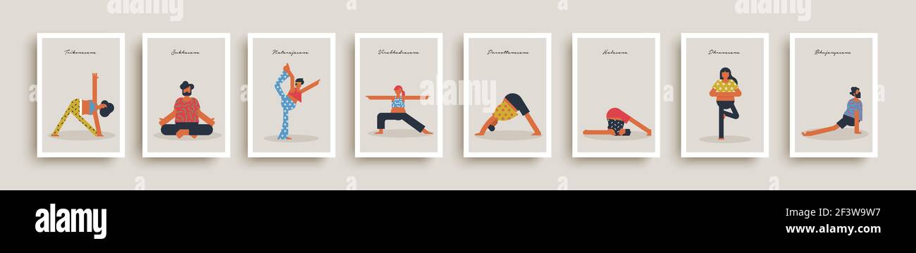 Yoga Pose Name in indischer Sprache, Poster Illustration Kollektion. Verschiedene Männer und Frauen Menschen setzen dabei verschiedene Entspannung Position Übung. Stock Vektor