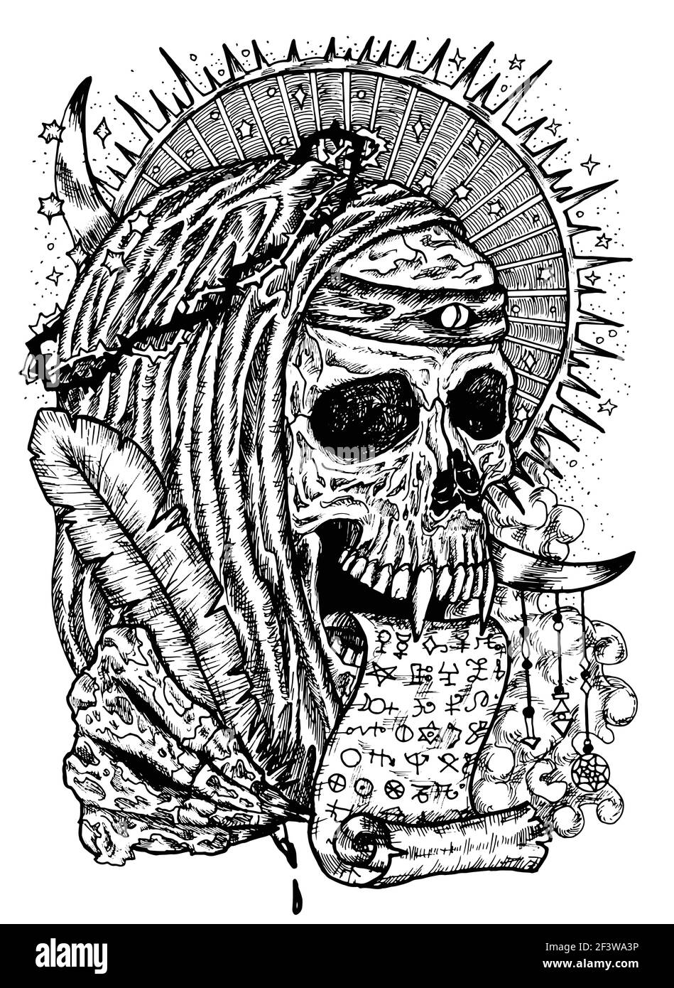 Schwarz-weiße Illustration mit menschlichem Schädel mit Dornenkrone, in Mönchskleie mit Manuskript und Federkiel. Mystischer Hintergrund für Halloween, esote Stock Vektor