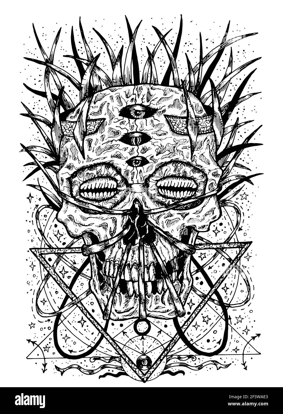 Schwarz-weiße Horror-Illustration mit Totenkopf, Tentakeln und heiligen Geometriemustern. Mystischer Hintergrund für Halloween, Esoterik, Gothic, Heavy Metal Stock Vektor