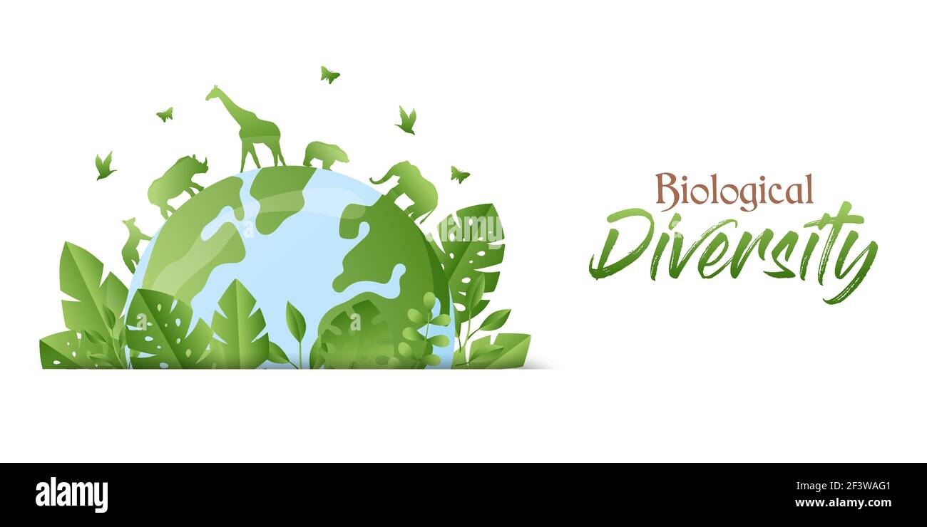 Biological Diversity Banner Illustration von grünen Planeten Erde mit wilden Tieren zu Fuß und Bäume. Konzept zur Sensibilisierung der Natur. Inklusive Giraffe, e Stock Vektor