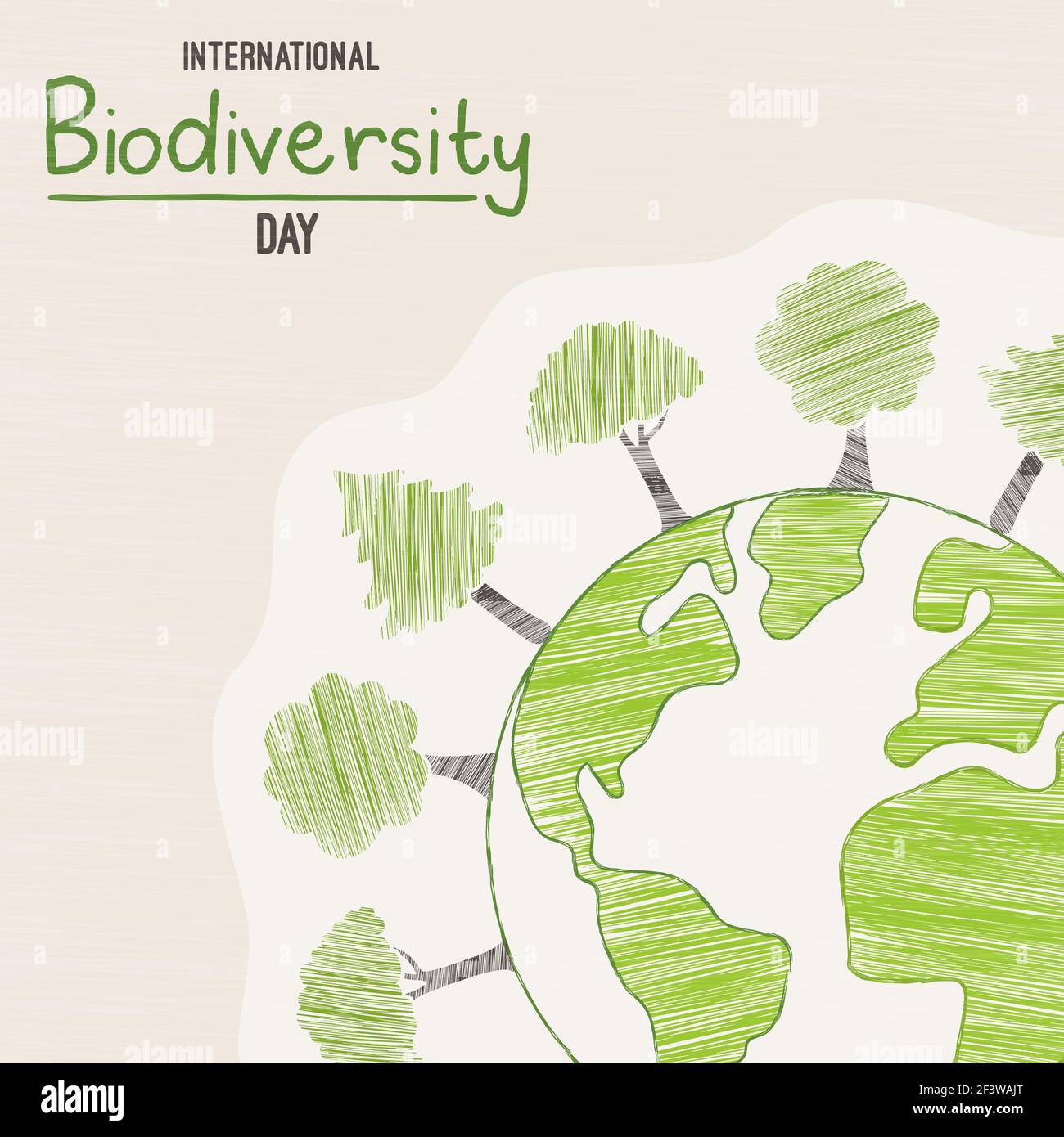 Internationaler Tag der Biodiversität Grußkarte Illustration des grünen Planeten Erde mit handgezeichneten Baumkritzeln. Veranstaltung zur Sensibilisierung der Natur am 22. Mai. Stock Vektor