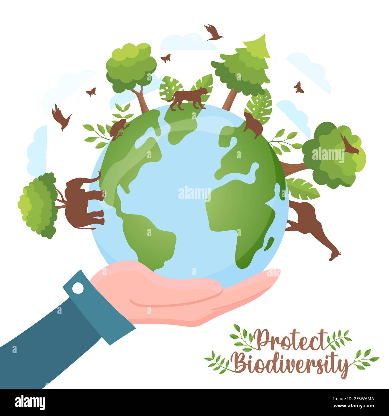 Schützen Sie die Artenvielfalt Illustration der menschlichen Hand hält grünen Planeten Erde mit wilden Tieren zu Fuß und Bäume. Konzept zur Sensibilisierung der Natur. Inklusive Stock Vektor