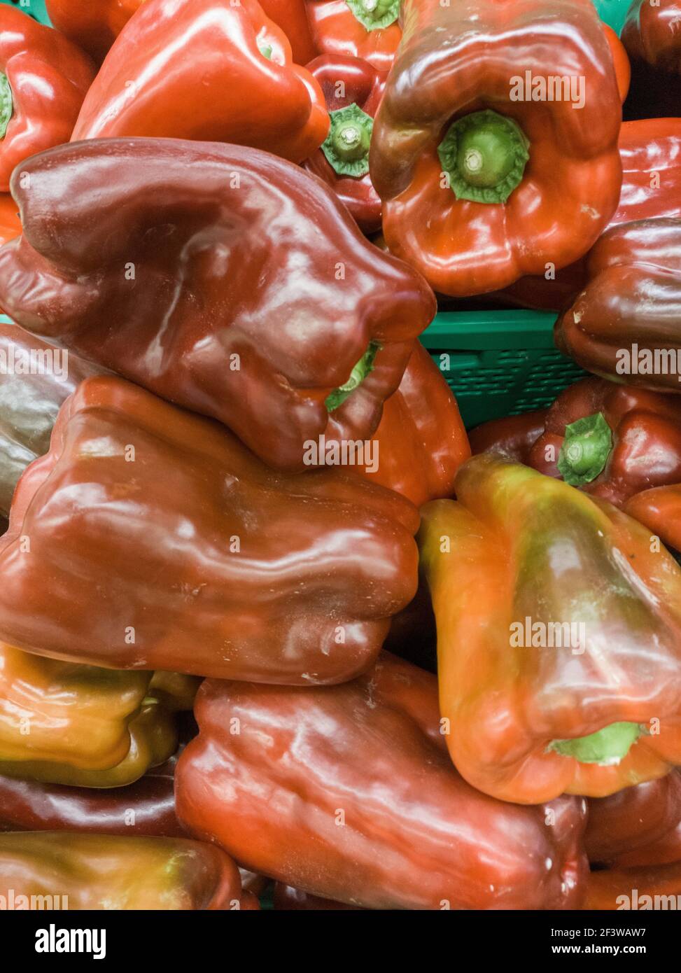 Eine vertikale Aufnahme von süßen Paprika in einem angezeigt Markt Stockfoto
