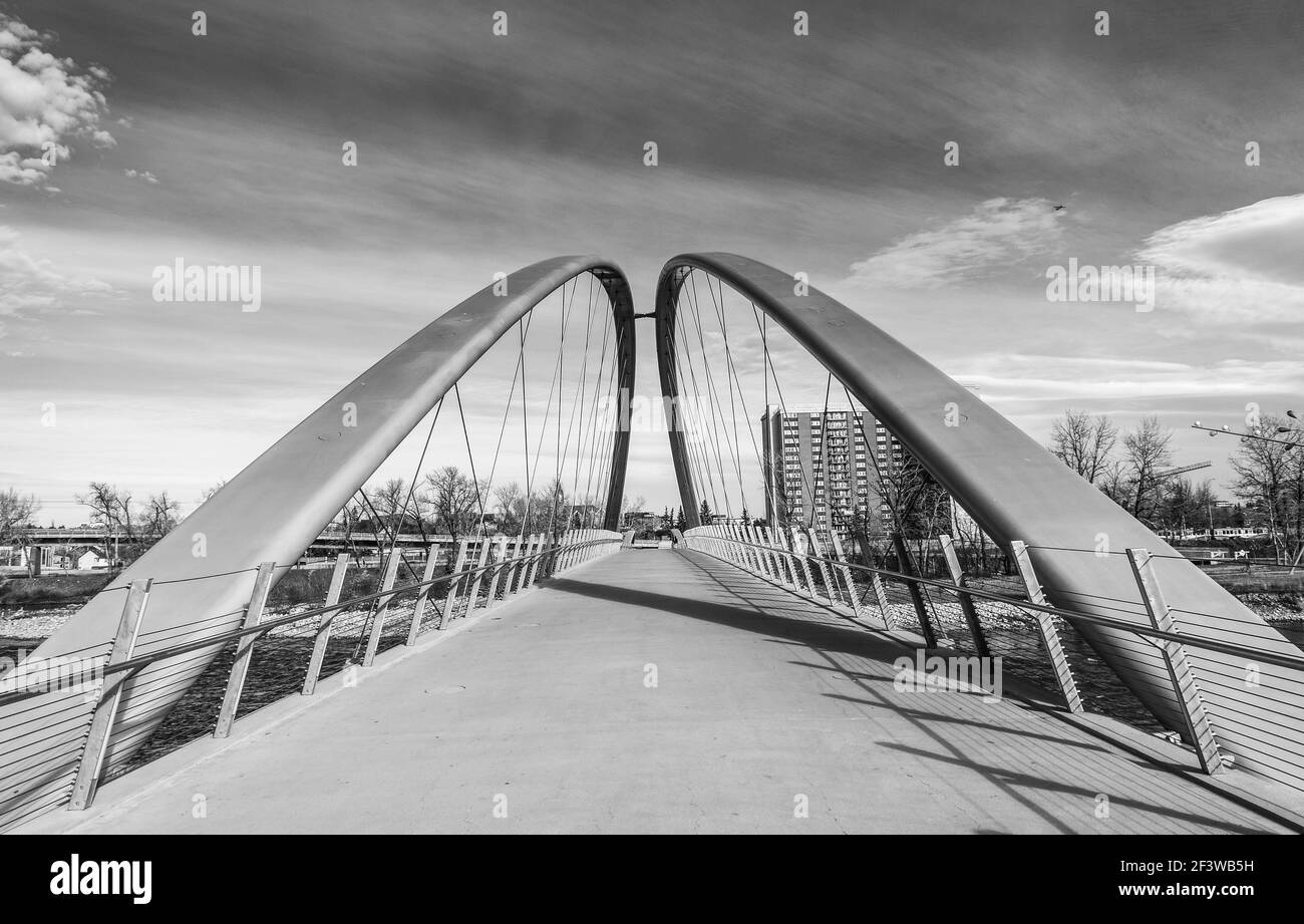 Fußgängerbrücke, Prince's Island Park, Calgrary, Alberta, Kanada Stockfoto