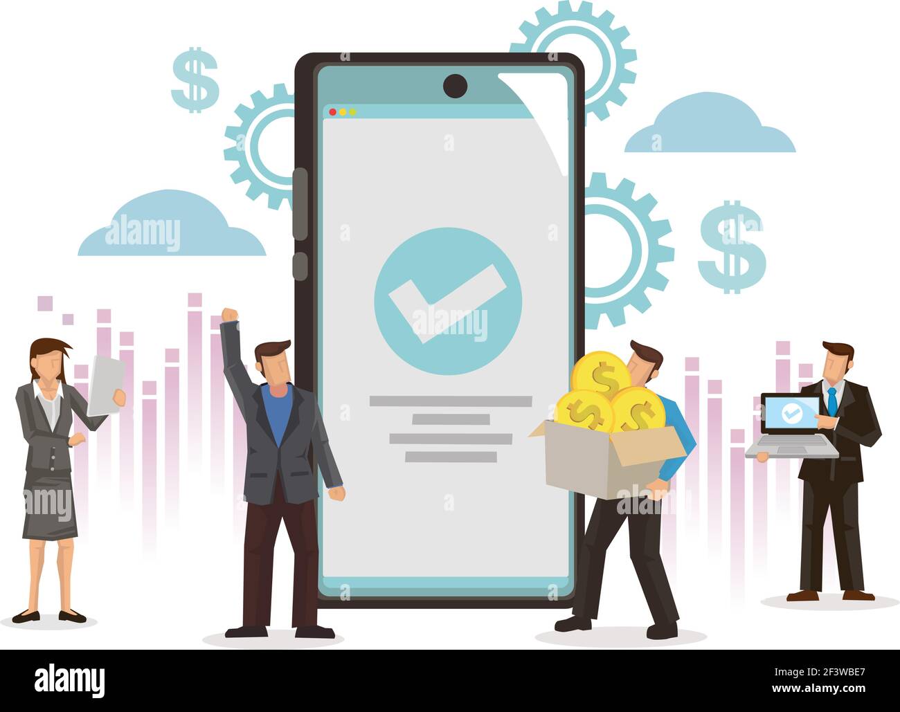 Geschäftsleute mit einem riesigen Smartphone mit einem zugelassenen Tick. Konzept von Finanztransaktionen, bargeldlosen Zahlungsverkehr, Zahlungssystem oder mone Stock Vektor