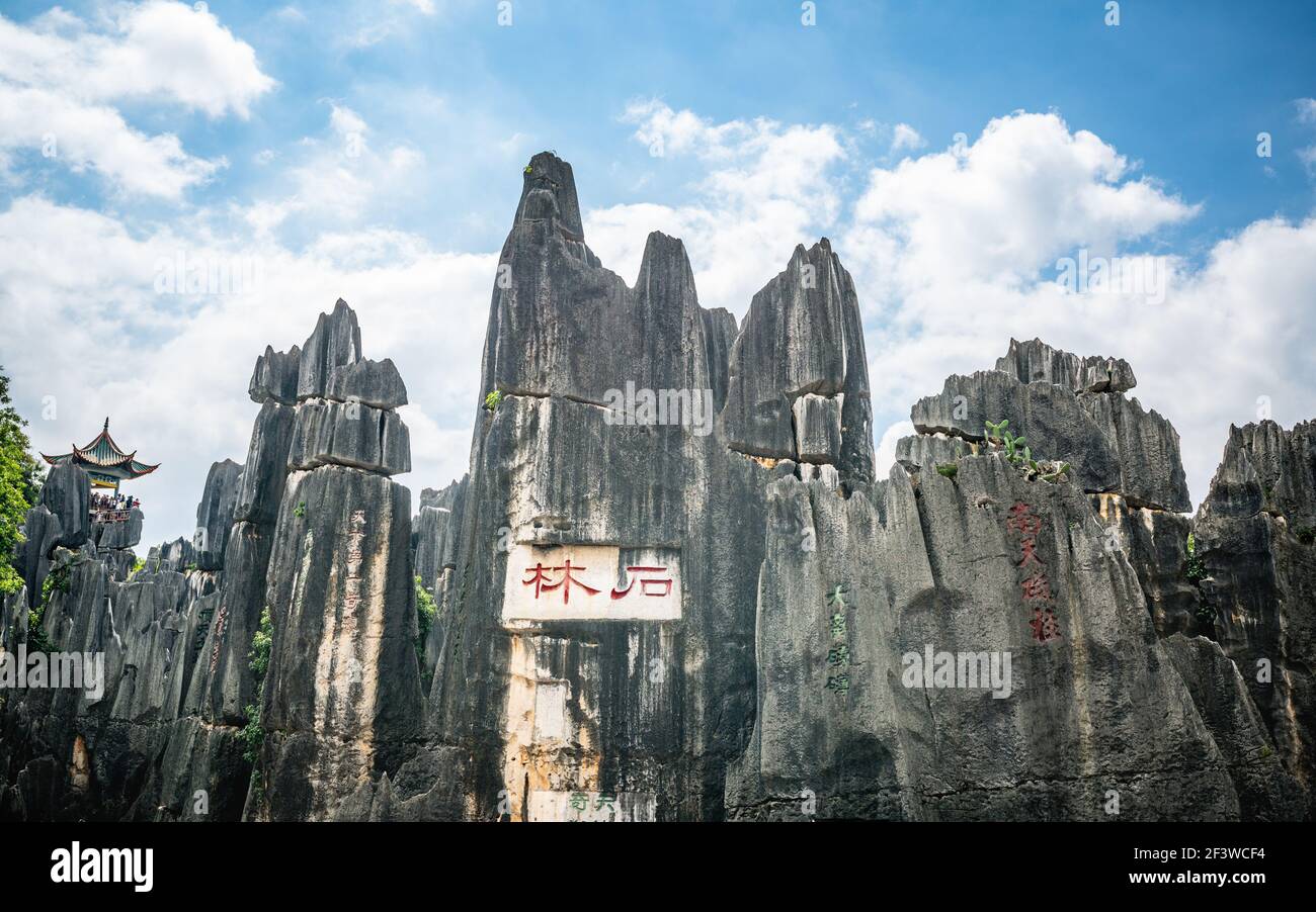 Panorama-Ansicht der Kalksteinformation mit Shilin in roten chinesischen Schriftzeichen auf Shilin großen Stein Waldpark in Yunnan China (Übersetzung: Stein für Stockfoto