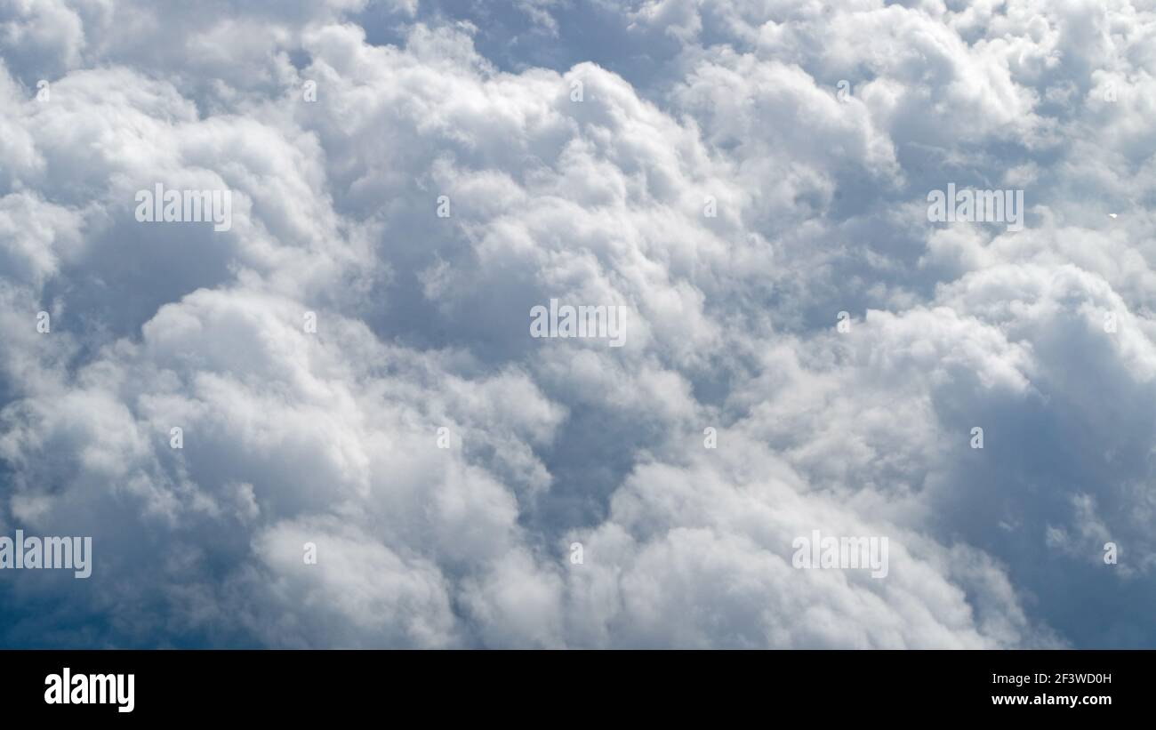 Ein Haufen großer Cumuluswolken, mit Spitzen, die leicht nach rechts zeigen, ein Luftaufnahme, aufgenommen in einer Höhe von zehntausend Kilometern vom w Stockfoto