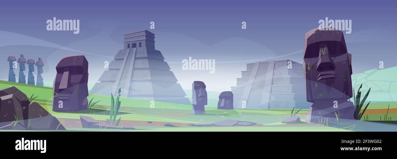 Alte Moai-Statuen und maya-Pyramiden im Nebel Stock Vektor
