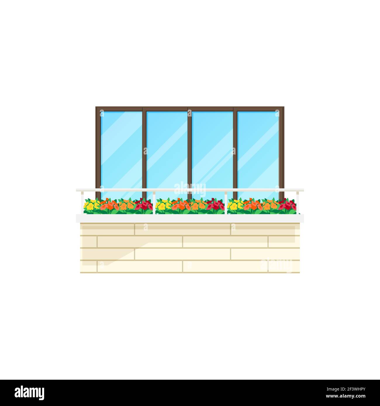 Balkon Hausfenster, Gebäude Fassade Architektur, Vektor flache Ikone. Apartments Balkon mit Ziegelzaun, Glasfenster und Blumen auf Geländer, Modus Stock Vektor