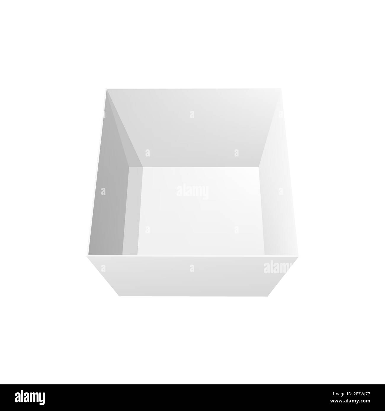 Offene Box 3D Vektor Mockup Draufsicht, blank weißes Quadrat leere Paketkarton mit entnommenem Deckel. Realistische Paketvorlage, isolierter Behälter für gif Stock Vektor