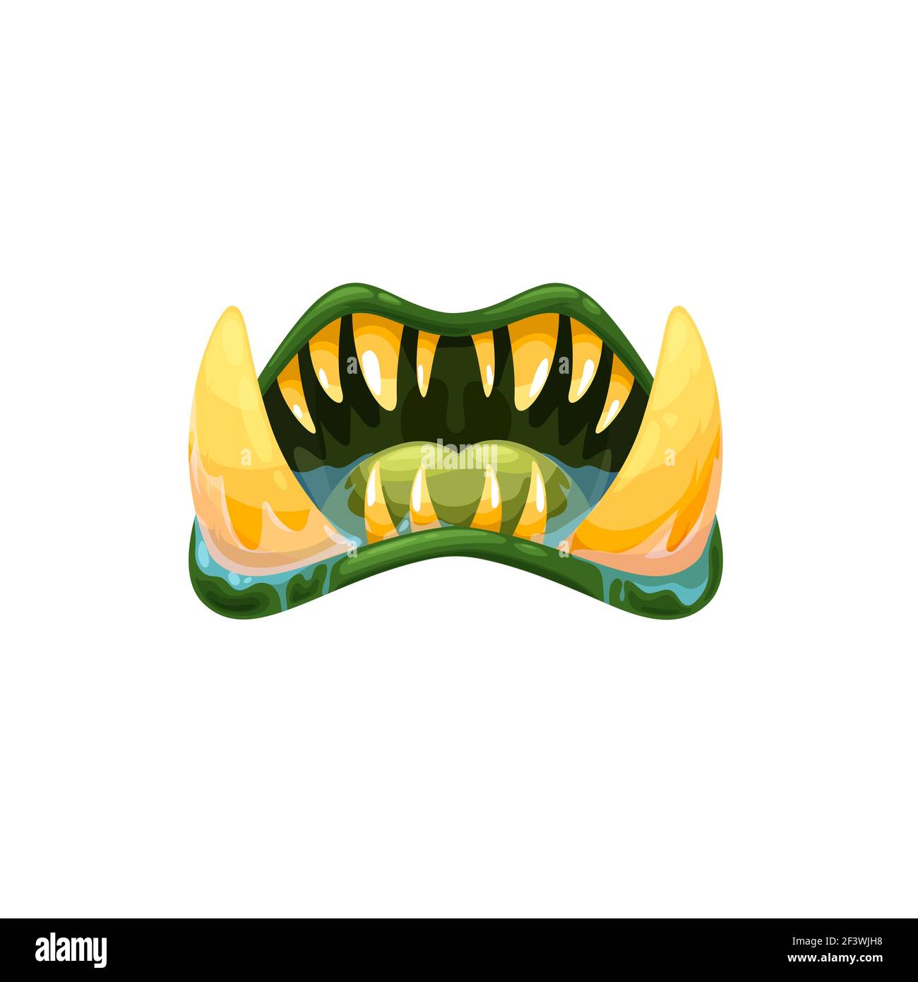 Monster Mund Vektor-Symbol, gruselige Oger oder Alien Kiefer mit scharfen Zähnen, riesige Reißzähne und grüne Zunge oder Lippen und spritzt Speichel. Halloween Kreatur, o Stock Vektor