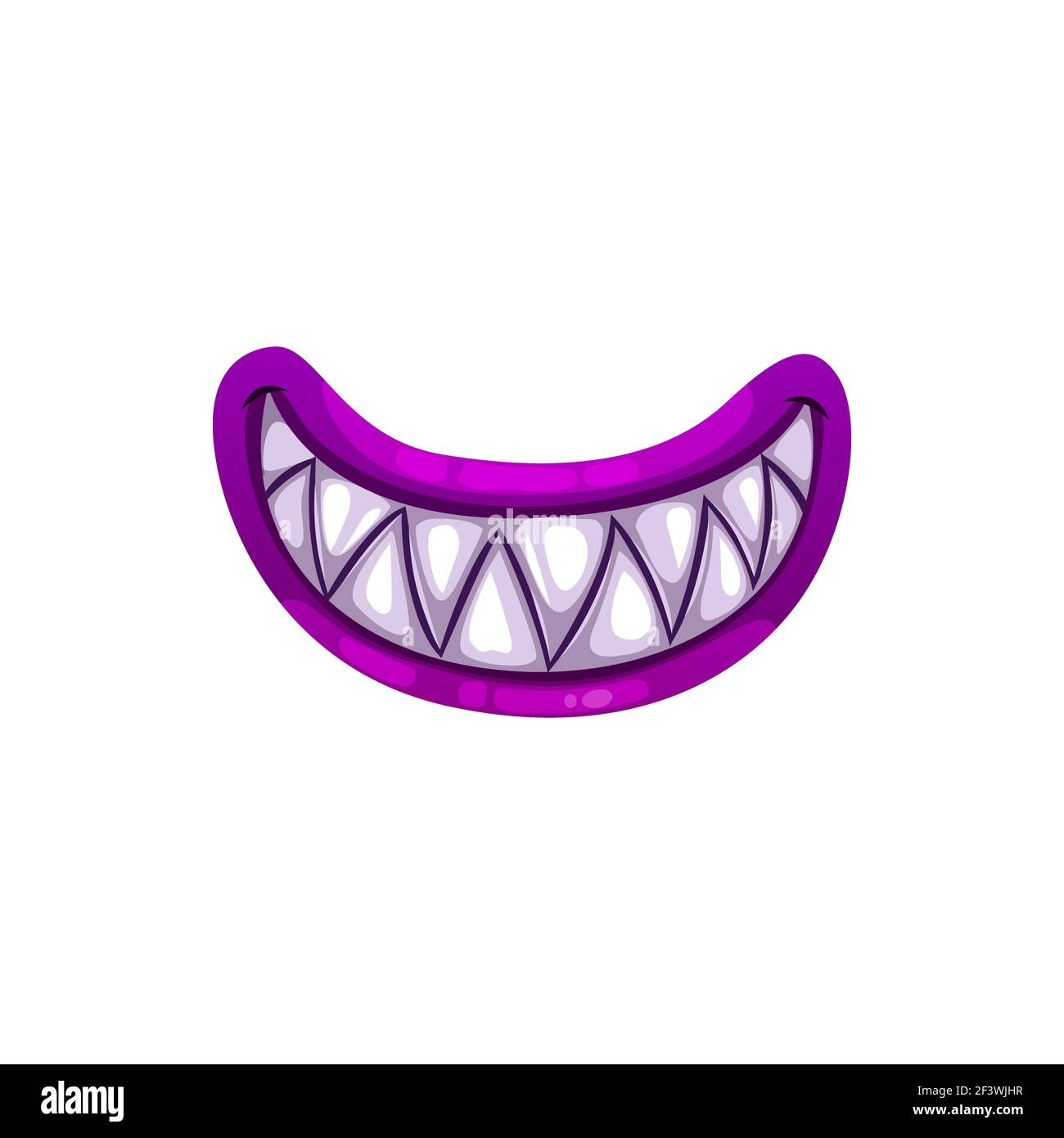 Monster Mund, Vektor gruselige Kiefer lächeln mit scharfen weißen Zähnen und lila Lippen. Cartoon lächelnde Halloween Kreatur auf weißem Hintergrund isoliert Stock Vektor