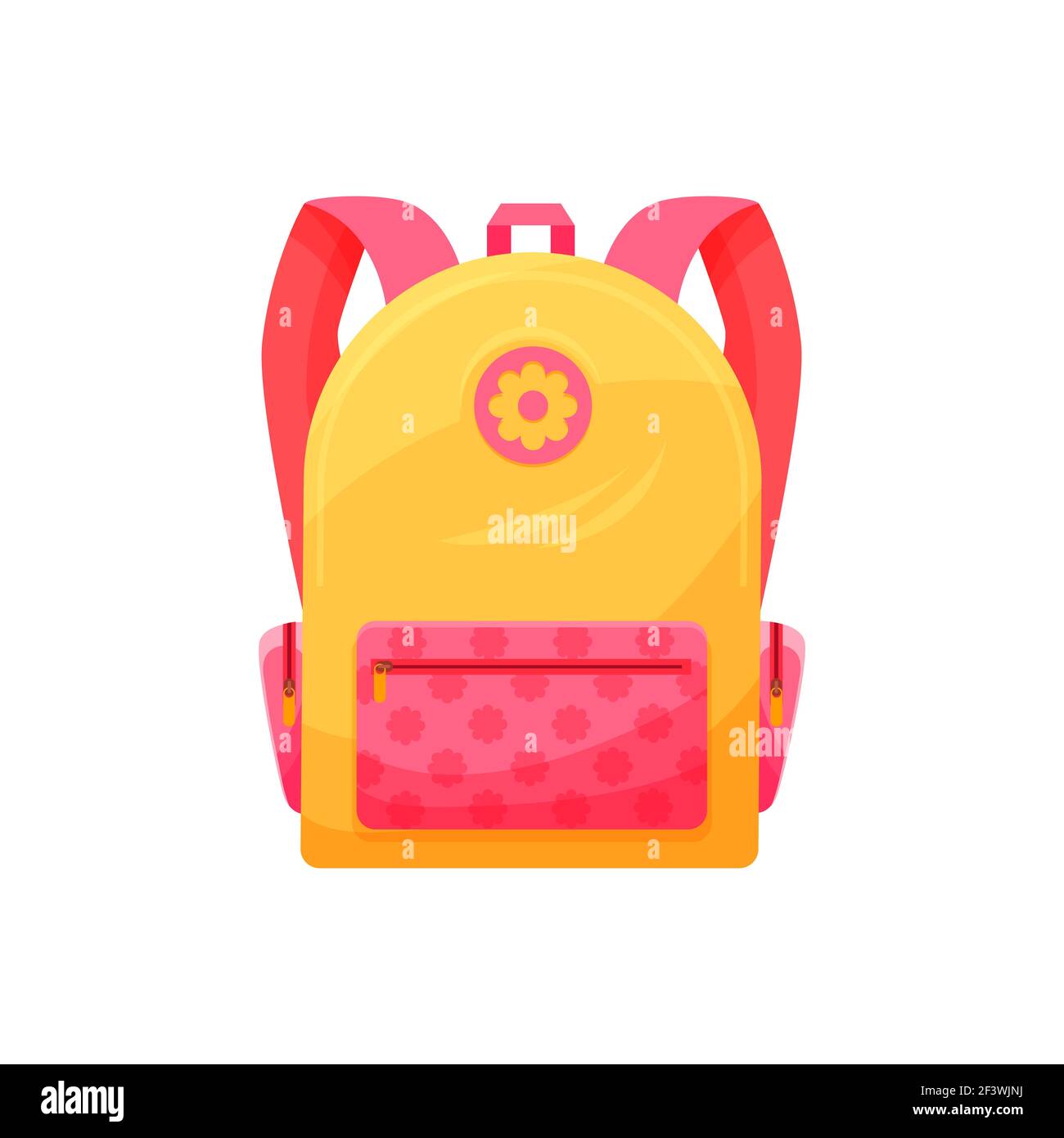 Kinder Schultasche isoliert Vektor-Symbol, niedlich Cartoon Rucksack, rosa und gelb Baby-Rucksack für Mädchen mit Blumendekor, Schüler Rucksack auf weißem Rücken Stock Vektor