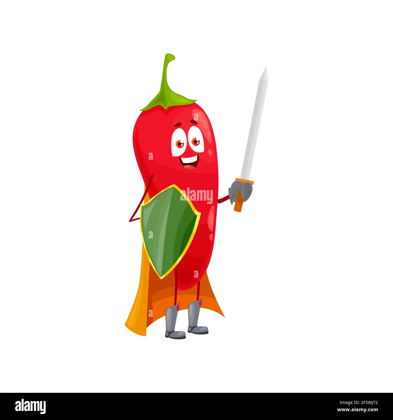 Cartoon Chili Pfeffer super Held isoliert Vektor-Symbol lustig Gemüse, Märchen Ritter Charakter im Mantel, mit Schild und Schwert. Gesunde Ernährung, superh Stock Vektor