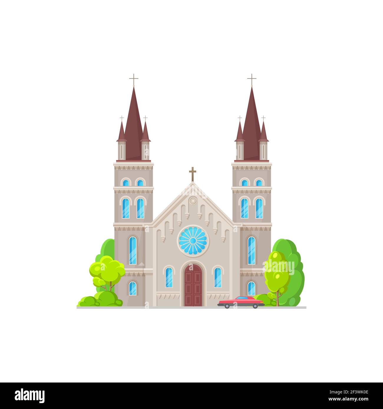 Christliche Kirche isolierte katholische Kapelle mit Glasmalerei, Türme mit Kreuz auf der Oberseite. Vector Holly Ort, um Beerdigung und Hochzeitszeremonien, Katze zu halten Stock Vektor