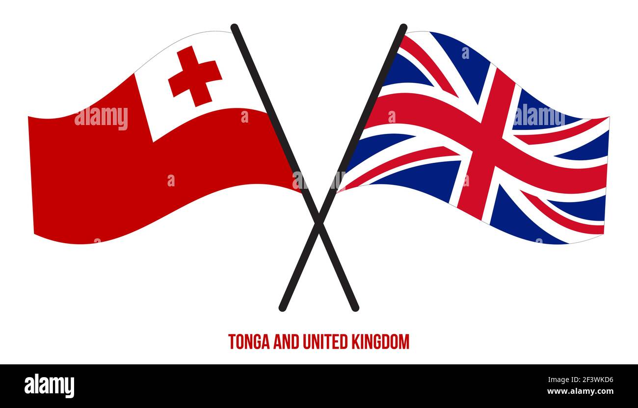 Tonga und Großbritannien Flaggen gekreuzt und winken Flat Style. Offizieller Anteil. Richtige Farben. Stock Vektor