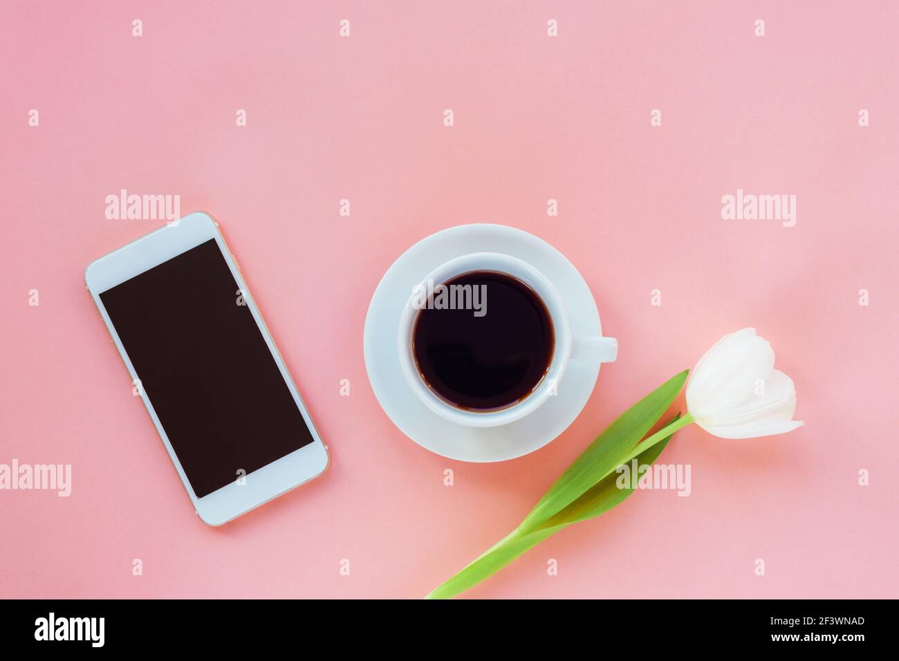 Tasse Kaffee, Telefon und weiße Tulpe auf rosa Hintergrund. Frauentag oder Muttertag Konzept. Draufsicht, flach liegend, Kopierbereich. Stockfoto