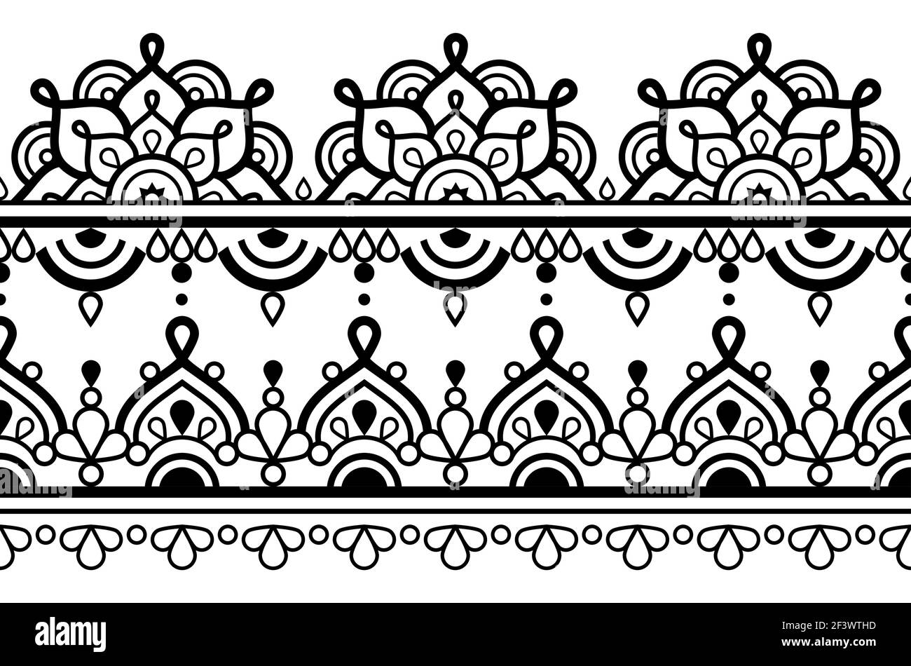Mehndi - Indian Henna Tattoo Stil Vektor nahtlose lange horizontale Muster mit Mandalas - Textil- oder Stoffdruck Stock Vektor