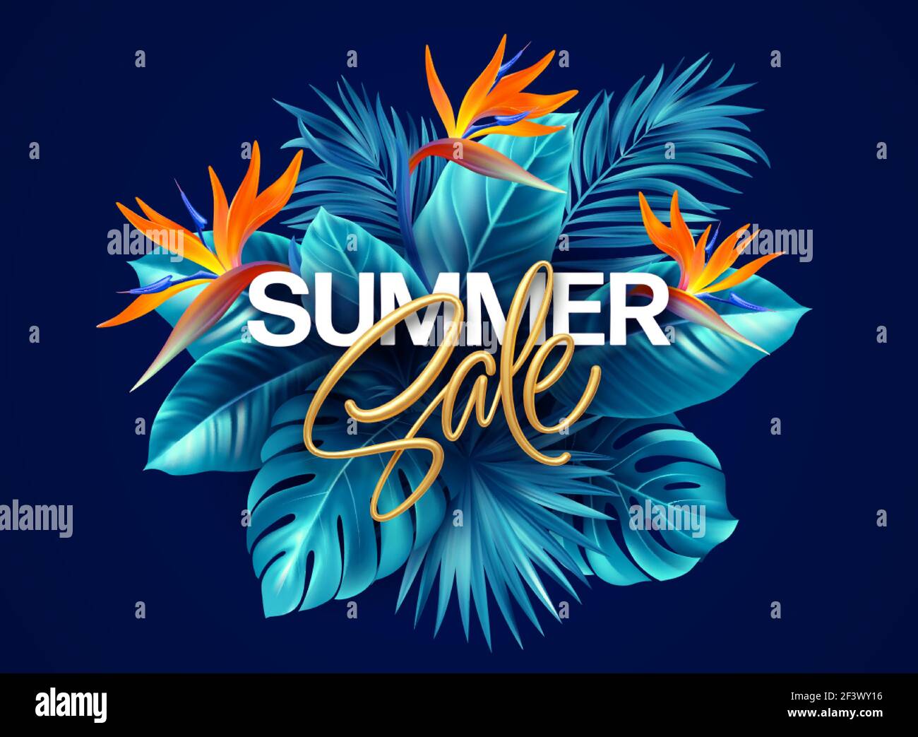 Sommer tropischer Hintergrund mit Strelitzia Blumen und tropischen Blättern. Die goldene Inschrift Summer Sale auf einem Hintergrund von tropischen grünen Blättern Stock Vektor